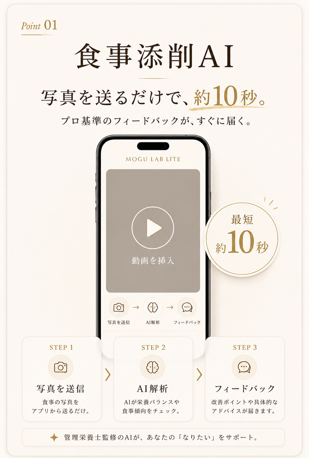 Point01 食事添削AI。写真を送るだけで約10秒でプロ基準のフィードバック